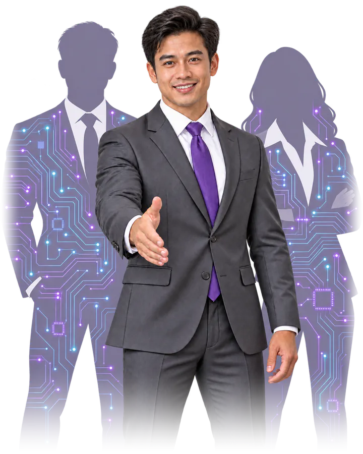 Nhà môi giới Houze mặc vest đưa tay chào bắt tay, phía sau là hai đồng nghiệp với họa tiết mạch điện tử tím